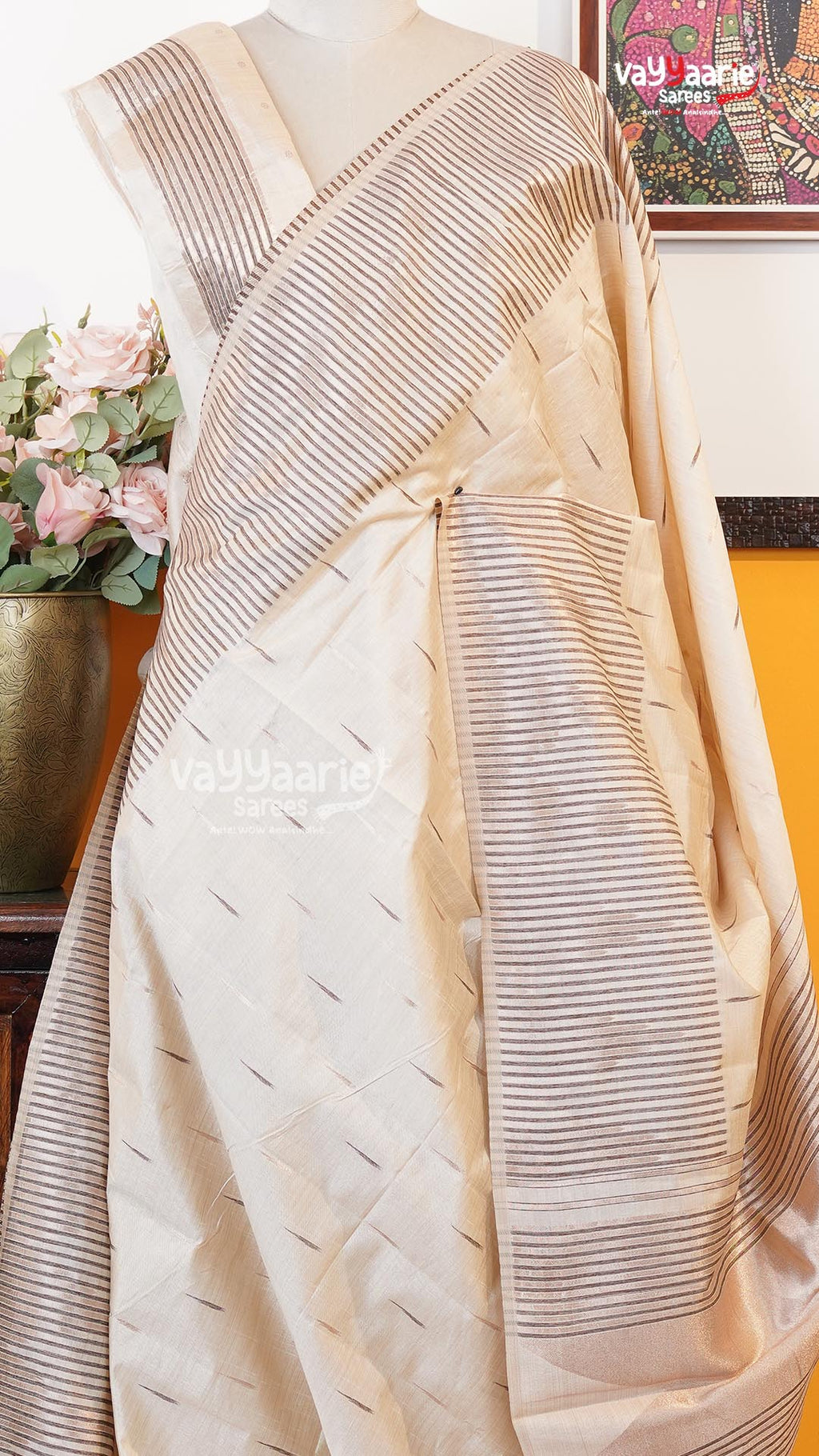 Cream Semi Dupion Silk Saree | Fancy Ethnic Wear Saree | Vayyaarie Sarees