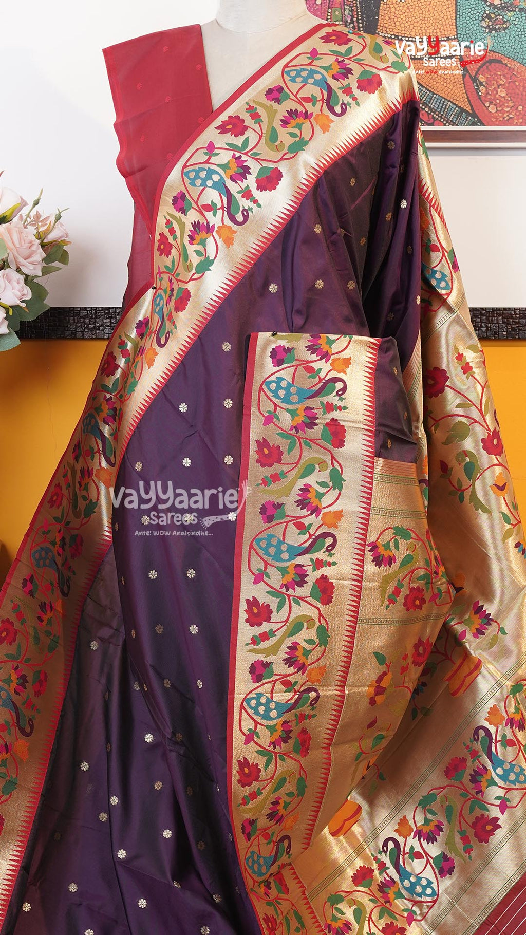 Wine Semi Paithani Saree | Traditional Ethnic Saree | Vayyaarie Sarees