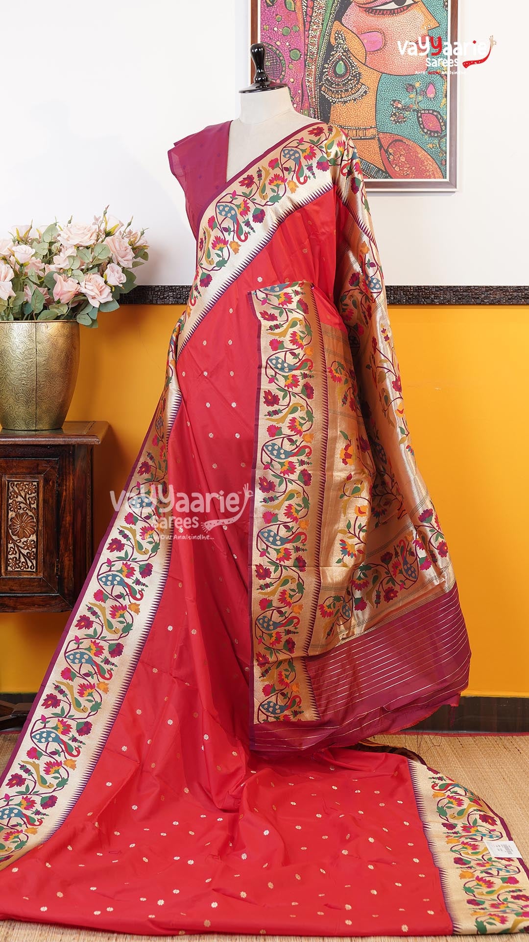 Red Semi Paithani Saree | Traditional Ethnic Saree | Vayyaarie Sarees