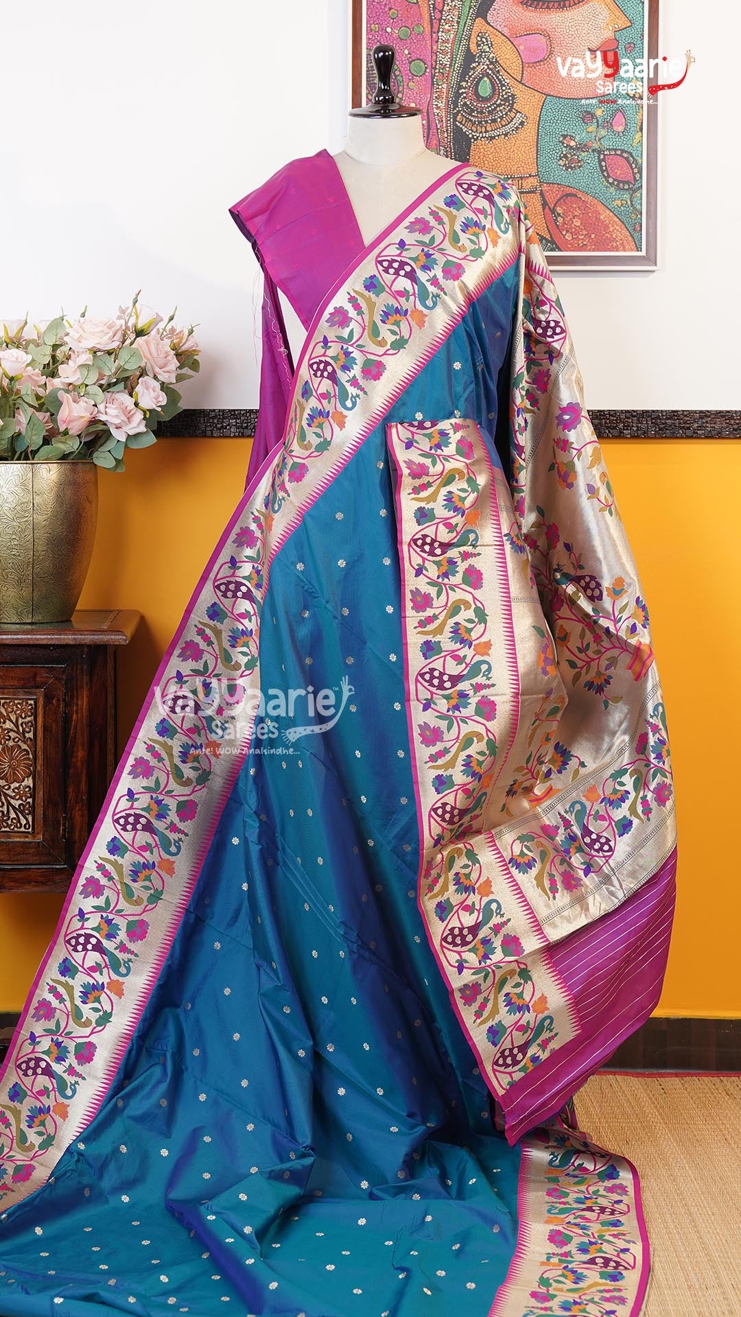 Peacock Blue Semi Paithani Saree | Traditional Ethnic Saree | Vayyaarie Sarees