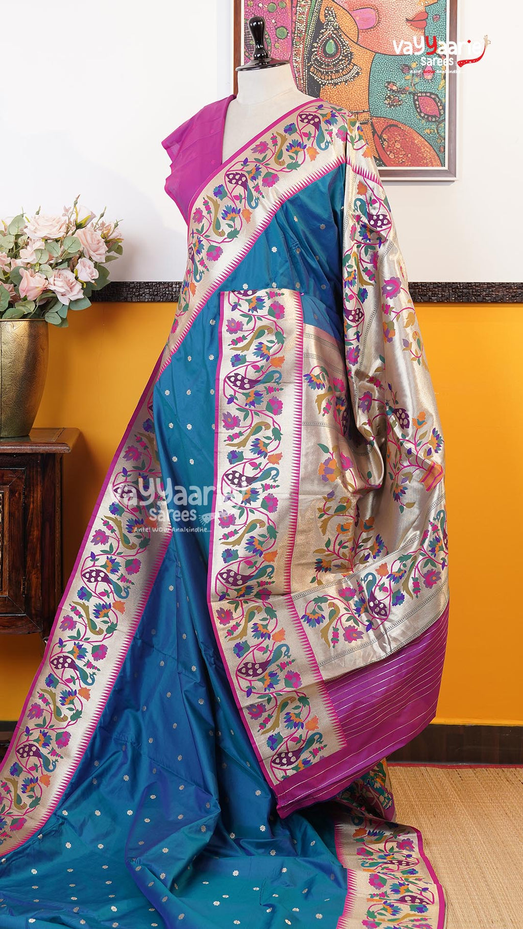 Peacock Blue Semi Paithani Saree | Traditional Ethnic Saree | Vayyaarie Sarees