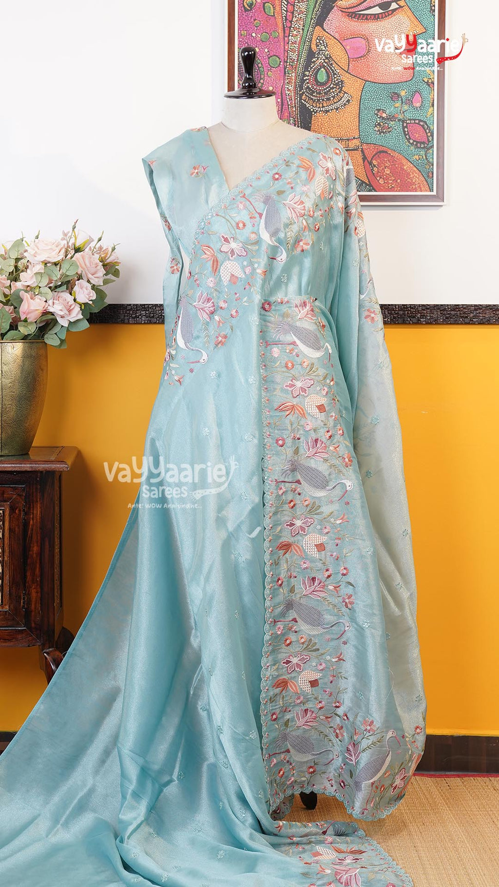 Sky Blue Glass Tissue Saree | Fancy Ethnic Wear Saree | Vayyaarie Sarees