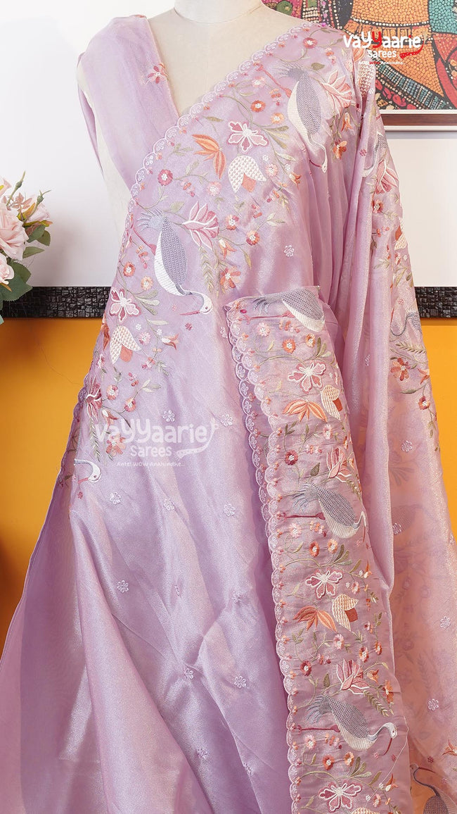 Lavender Glass Tissue Saree | Fancy Ethnic Wear Saree | Vayyaarie Sarees Main Image