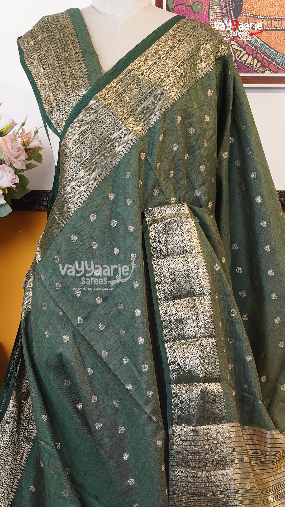 Bottle Green Semi Dupion Silk Saree | Fancy Ethnic Wear Saree | Vayyaarie Sarees