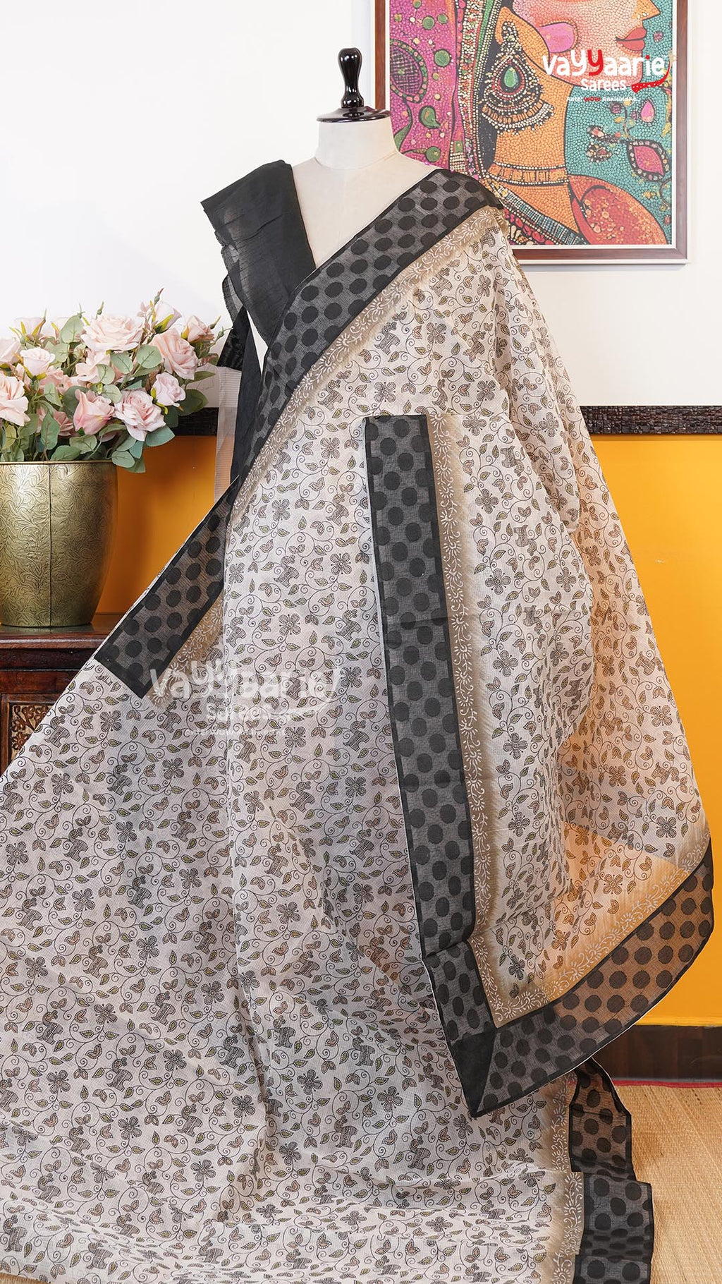Cream Silk Kota Saree | Classic Handloom Saree | Vayyaarie Sarees