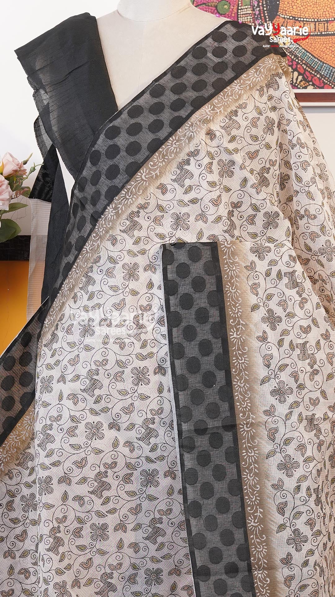 Cream Silk Kota Saree | Classic Handloom Saree | Vayyaarie Sarees