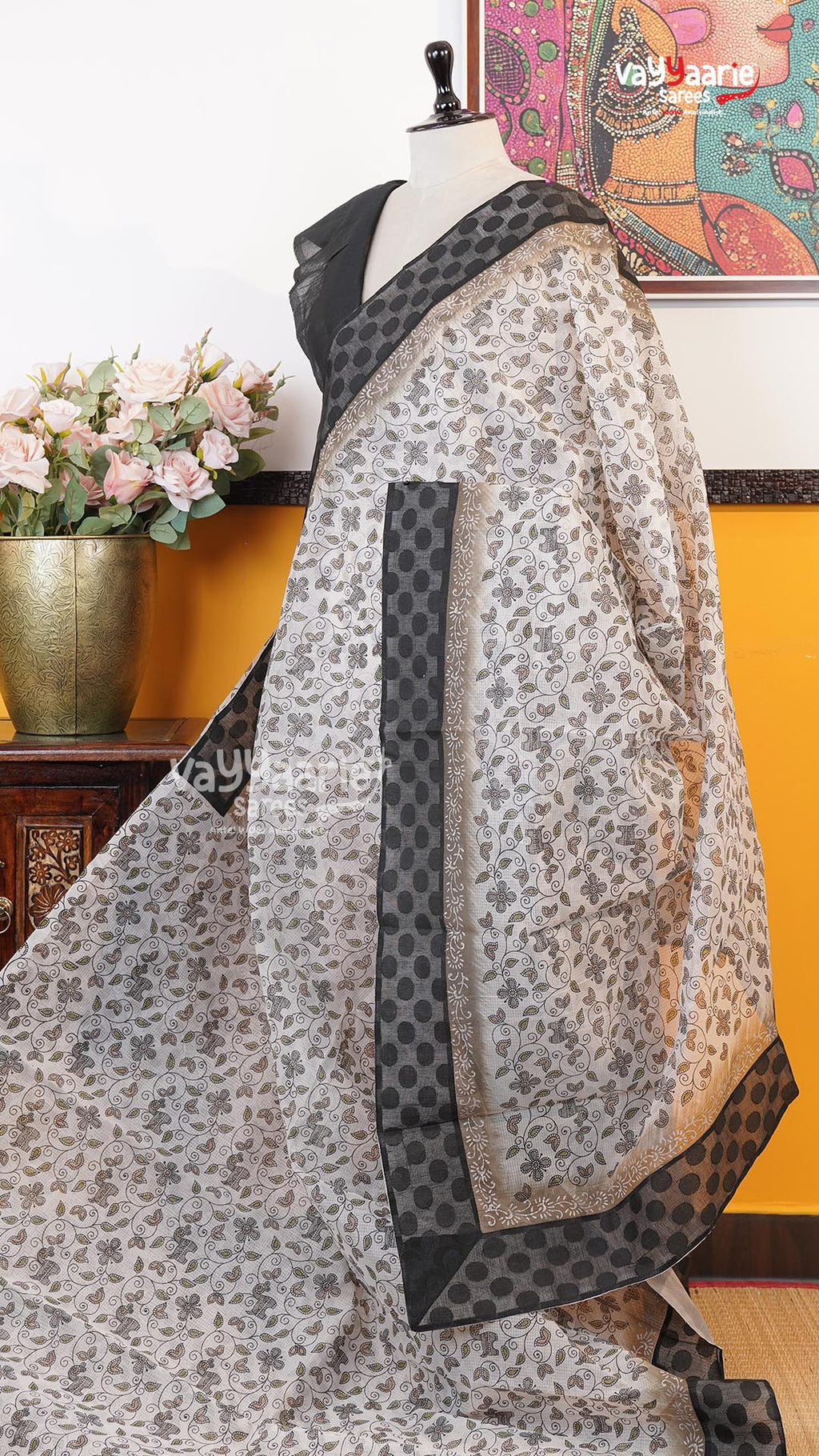 Cream Silk Kota Saree | Classic Handloom Saree | Vayyaarie Sarees