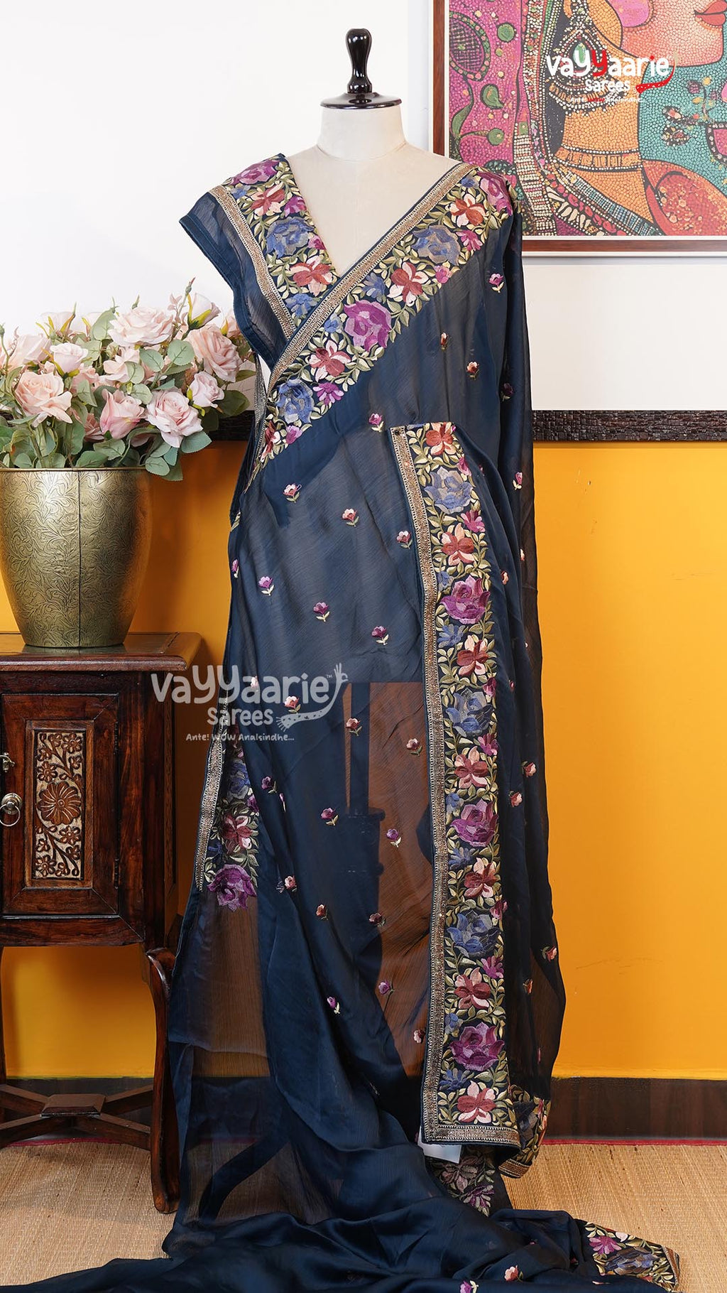 Navy Blue Glass Tissue Saree | Designer Ethnic Wear Saree | Vayyaarie Sarees