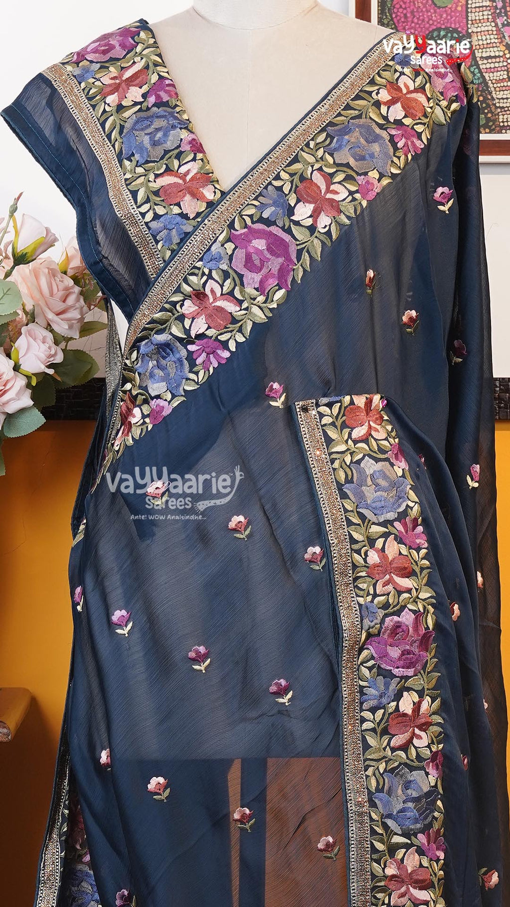Navy Blue Glass Tissue Saree | Designer Ethnic Wear Saree | Vayyaarie Sarees