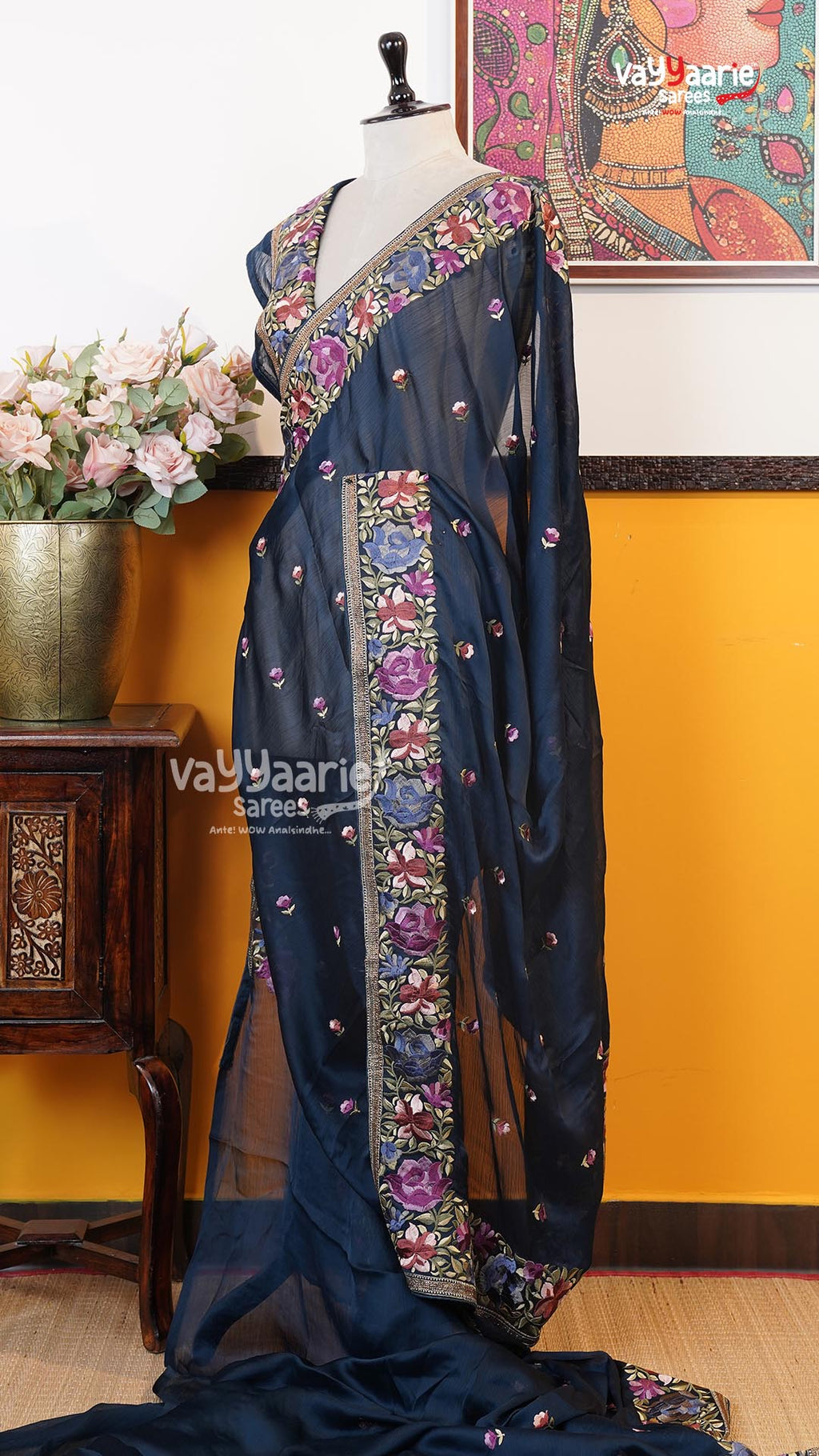 Navy Blue Glass Tissue Saree | Designer Ethnic Wear Saree | Vayyaarie Sarees