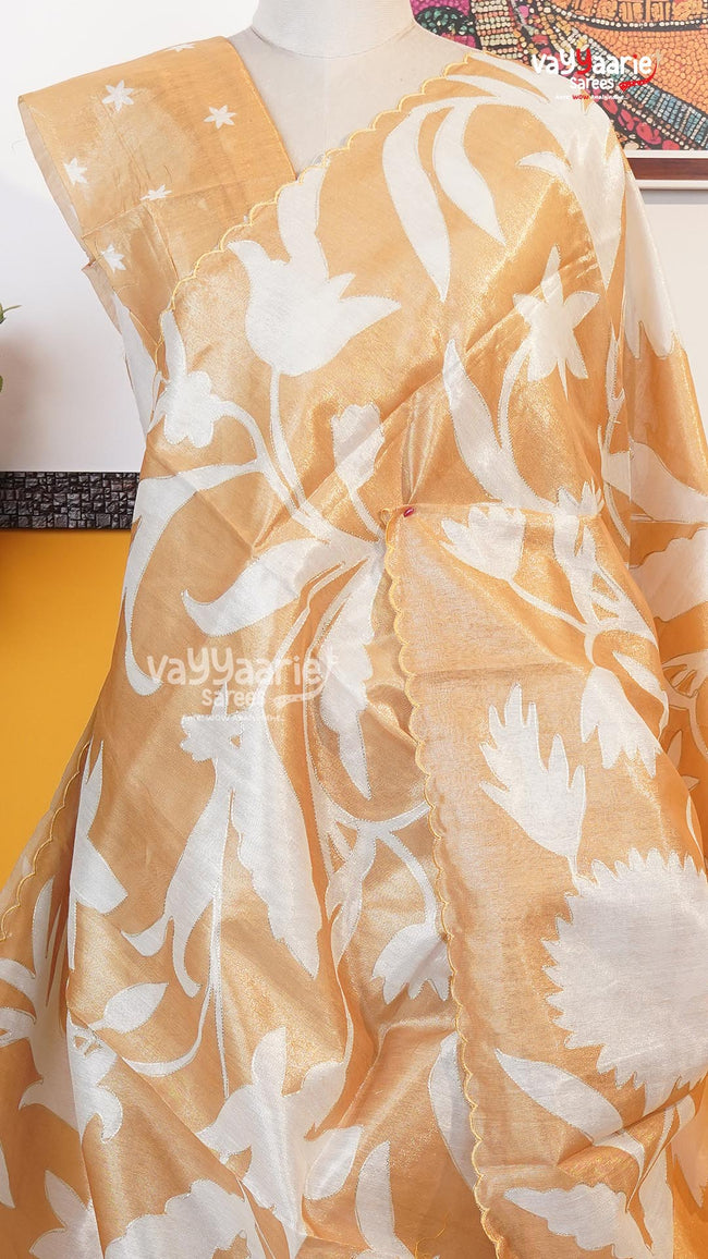 Gold Organza Saree | Fancy Ethnic Wear Saree | Vayyaarie Sarees Main Image