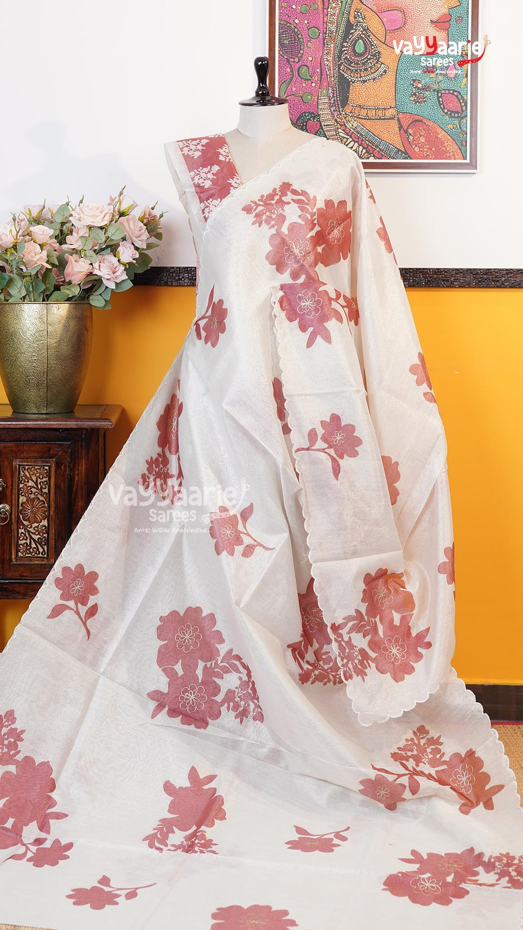 Cream Organza Saree | Fancy Ethnic Wear Saree | Vayyaarie Sarees