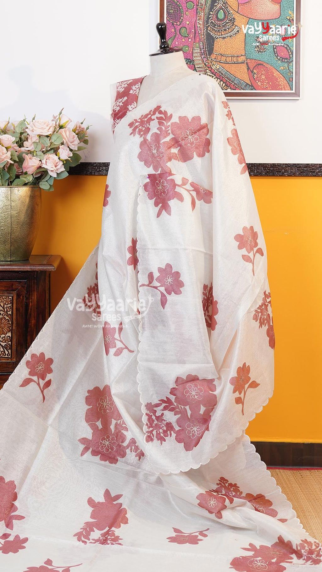 Cream Organza Saree | Fancy Ethnic Wear Saree | Vayyaarie Sarees