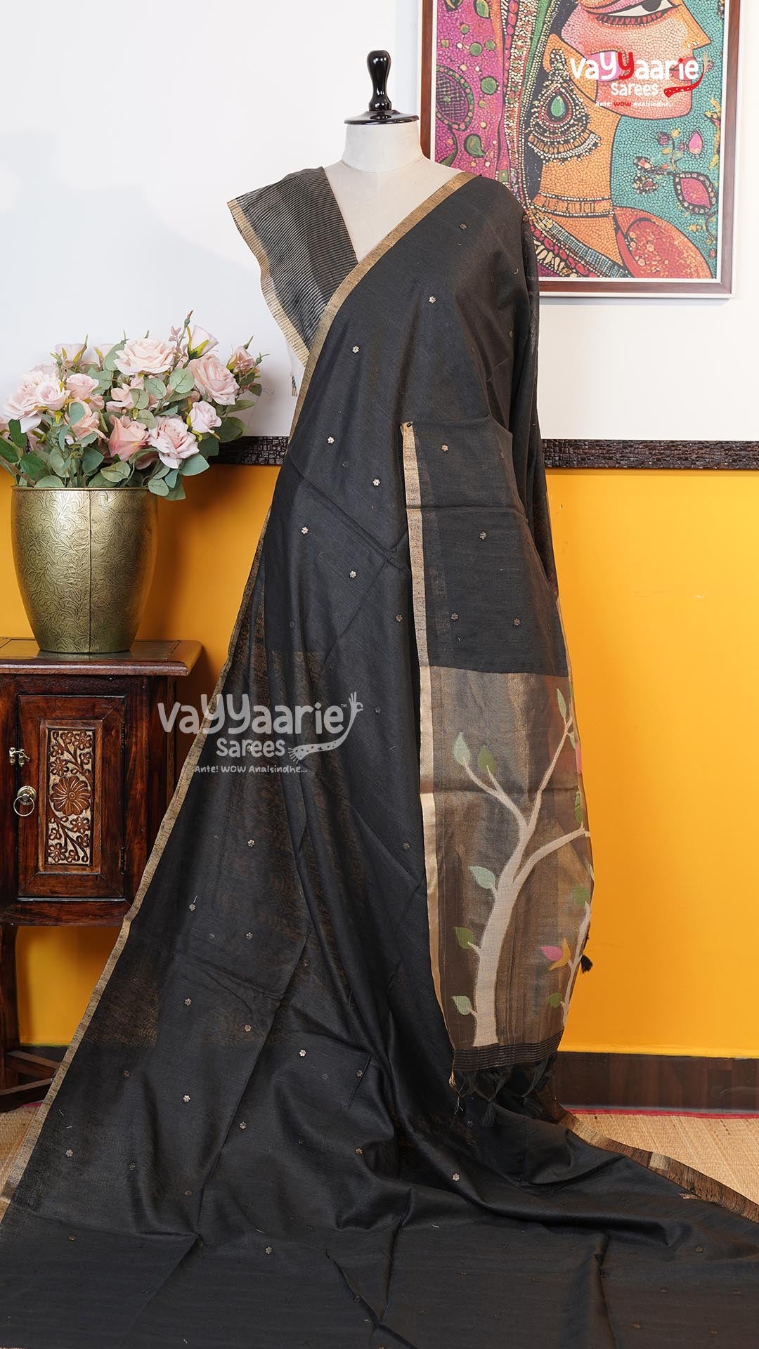 Black Chanderi Saree | Classic Handloom Saree | Vayyaarie Sarees