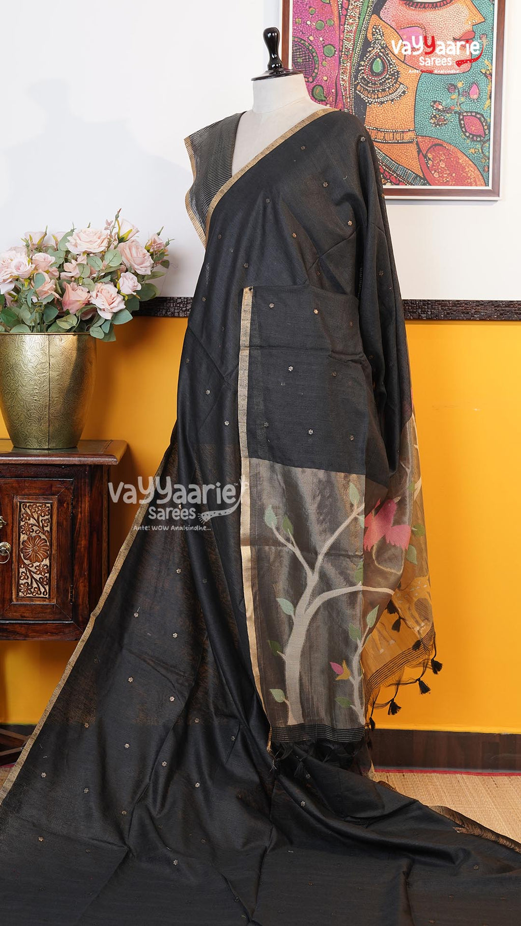 Black Chanderi Saree | Classic Handloom Saree | Vayyaarie Sarees