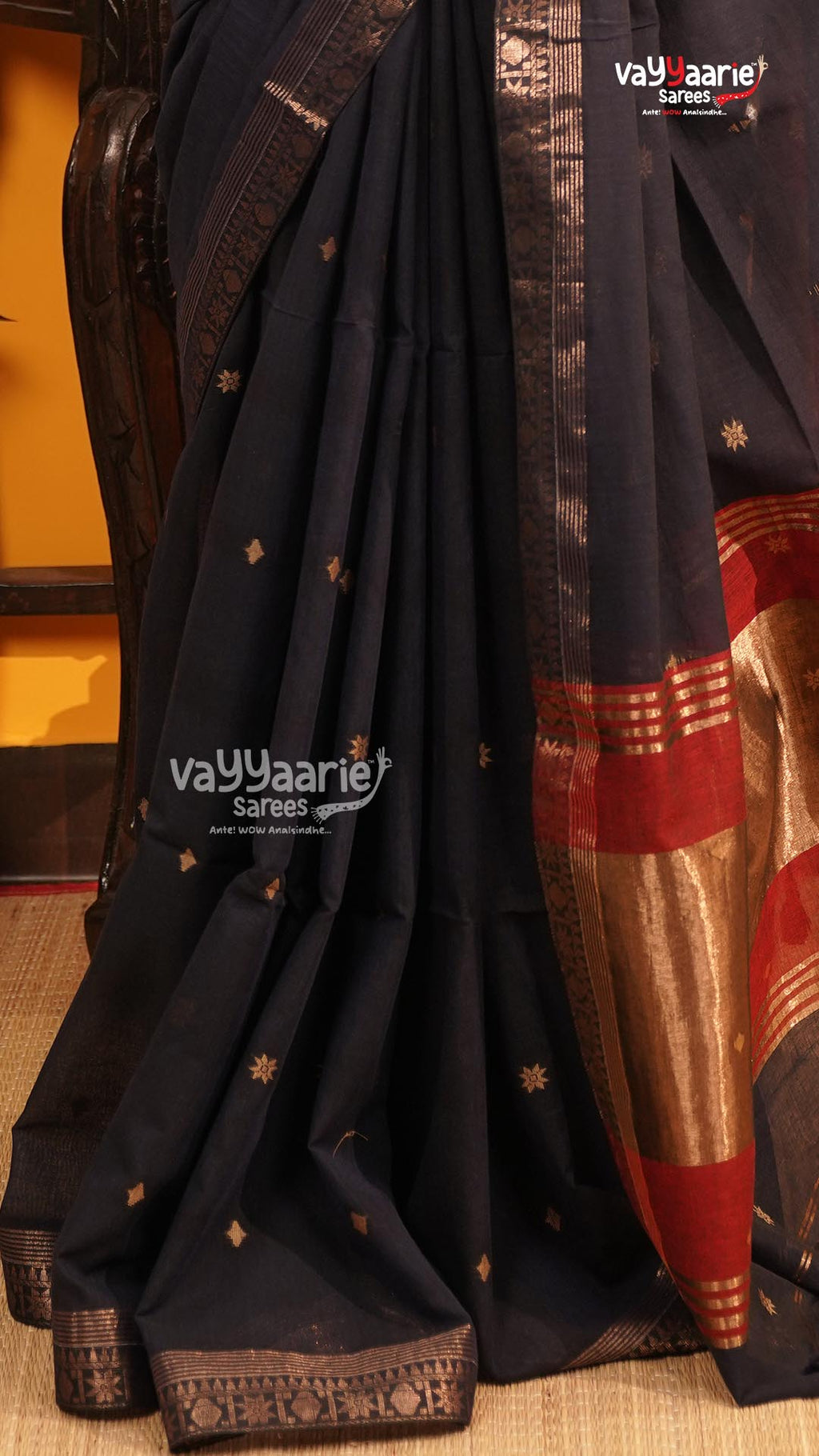 Navy Blue Tusser Saree | Classic Handloom Saree | Vayyaarie Sarees