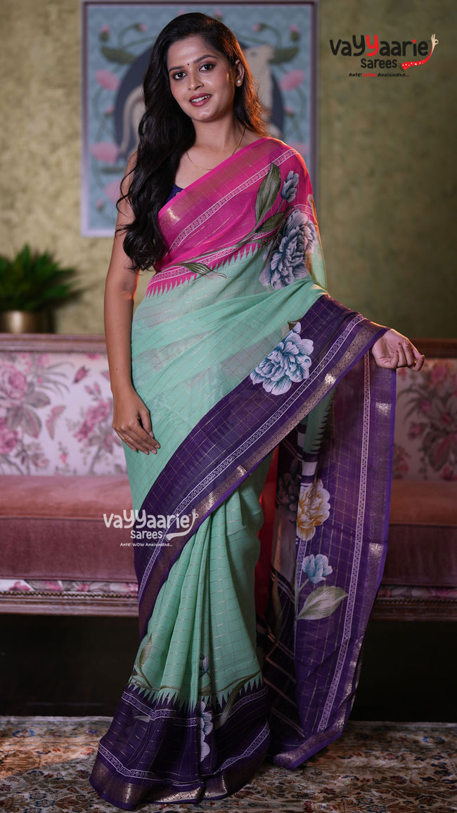 Mint Green Georgette Saree with Floral Prints | Lightweight Daily Wear Saree | Vayyaarie Sarees Hover Image