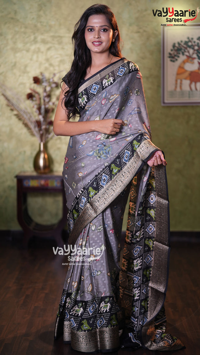 Grey Dola Silk Fancy Saree with Floral Prints & Designer Border | Party Wear Saree | Vayyaarie Sarees Hover Image