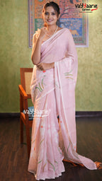 Pastel Pink Linen Saree with Floral Prints | Lightweight Elegant Linen Saree | Vayyaarie Sarees