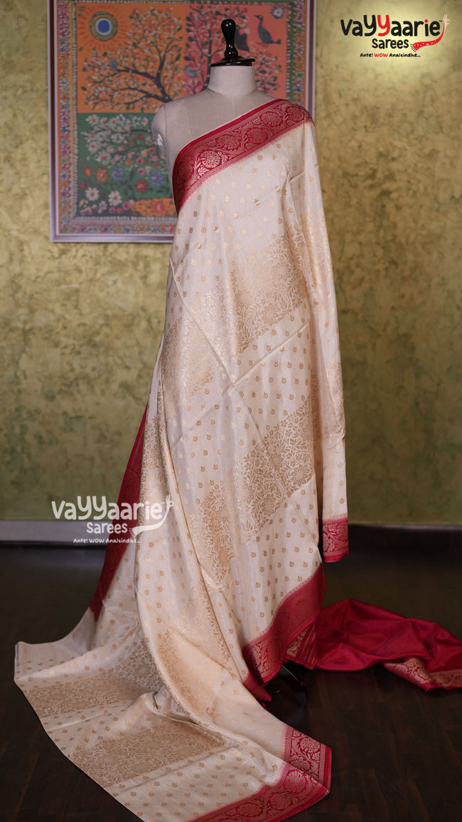 Cream Chanderi Silk Saree | Fancy Ethnic Wear Saree | Vayyaarie Sarees Hover Image