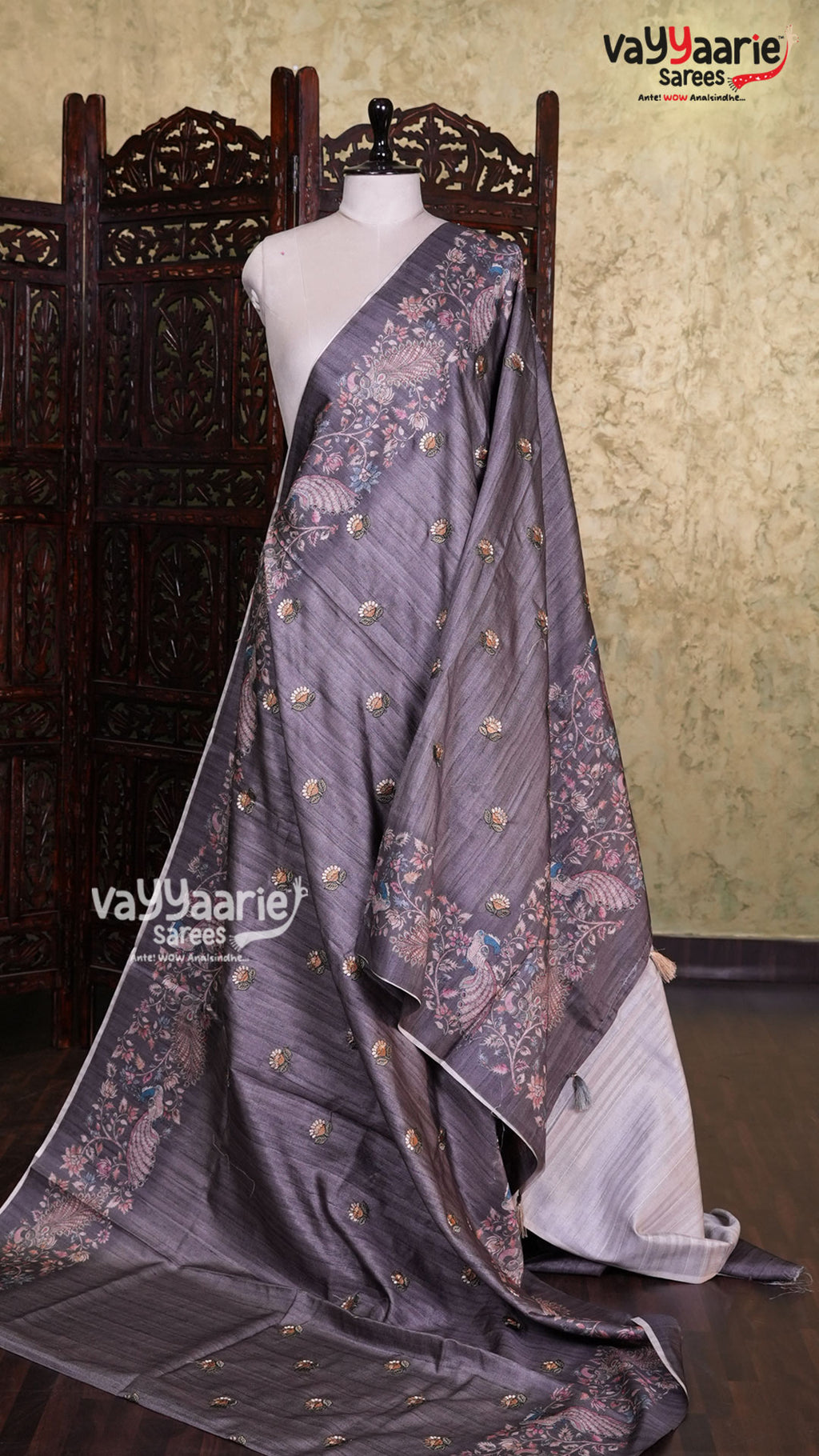 Grey Tusser Saree | Fancy Ethnic Wear Saree | Vayyaarie Sarees