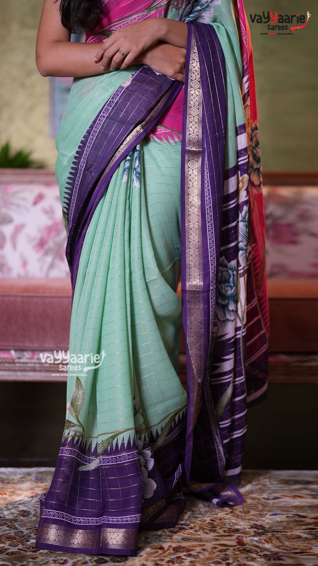 Mint Green Georgette Saree with Floral Prints | Lightweight Daily Wear Saree | Vayyaarie Sarees