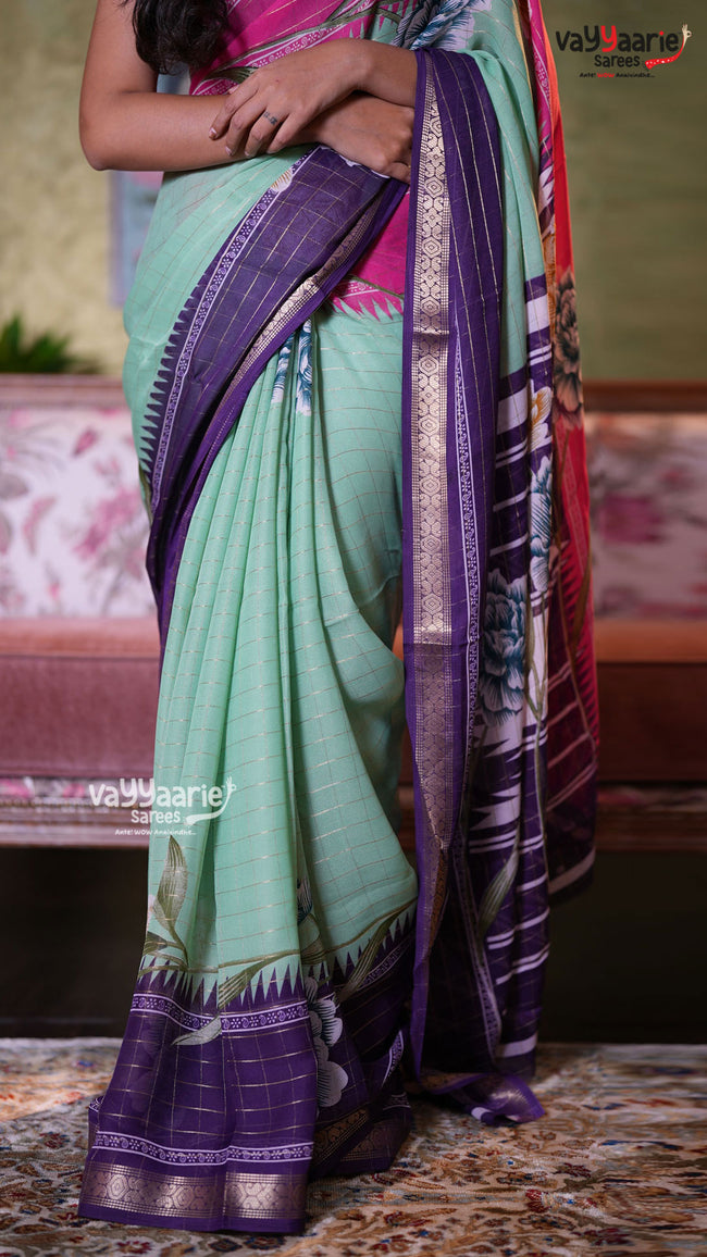 Mint Green Georgette Saree with Floral Prints | Lightweight Daily Wear Saree | Vayyaarie Sarees Main Image