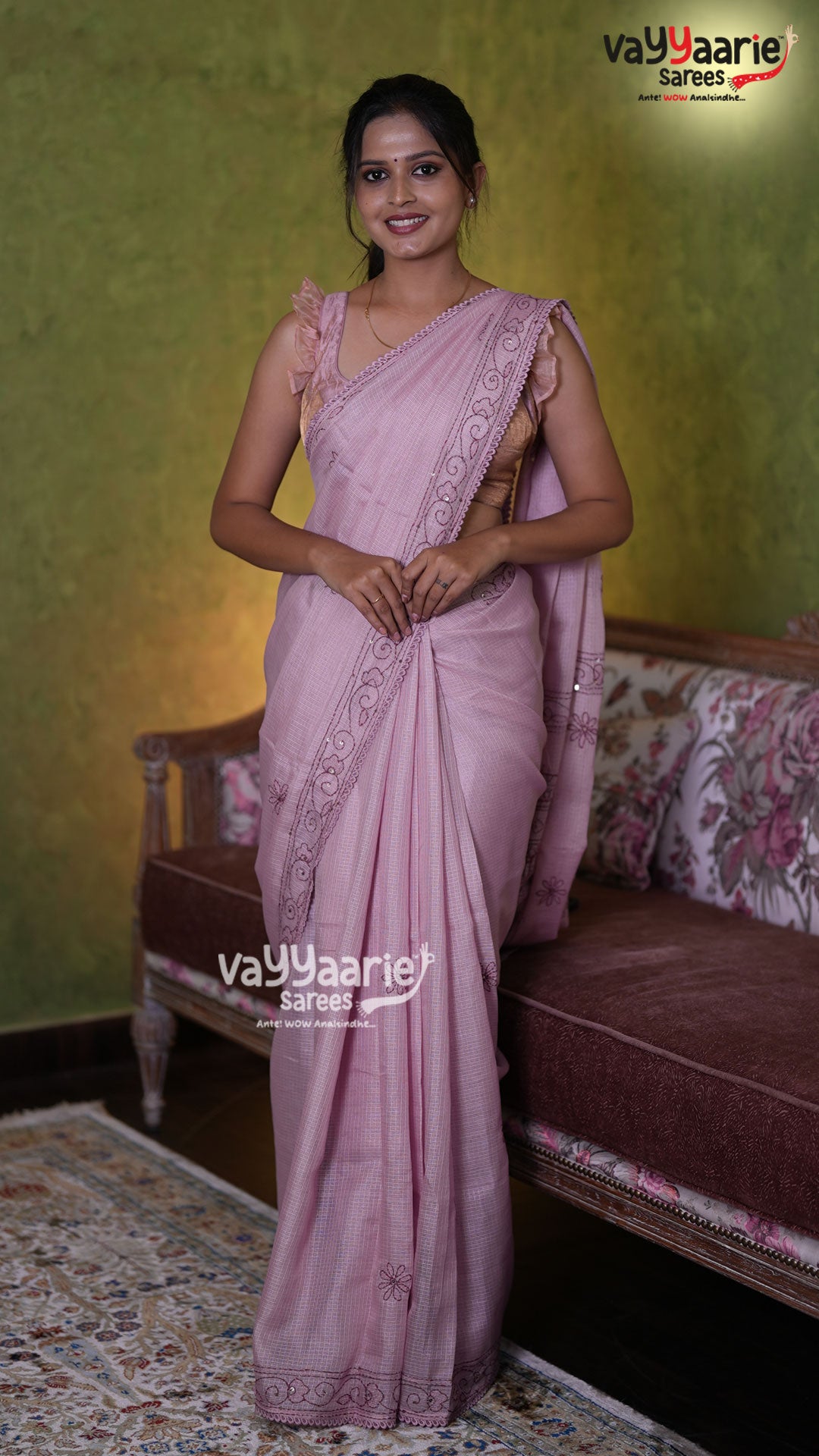 Pastel Pink Fancy Kota Saree with Embroidered Border | Lightweight Elegant Saree | Vayyaarie Sarees