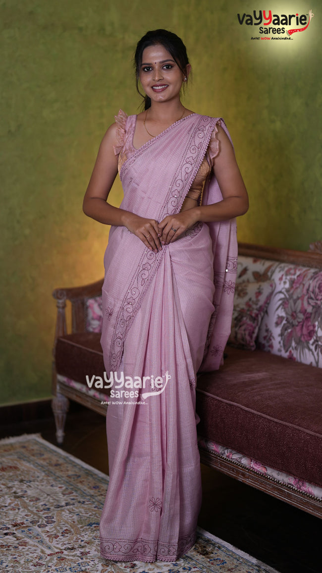 Pastel Pink Fancy Kota Saree with Embroidered Border | Lightweight Elegant Saree | Vayyaarie Sarees Main Image