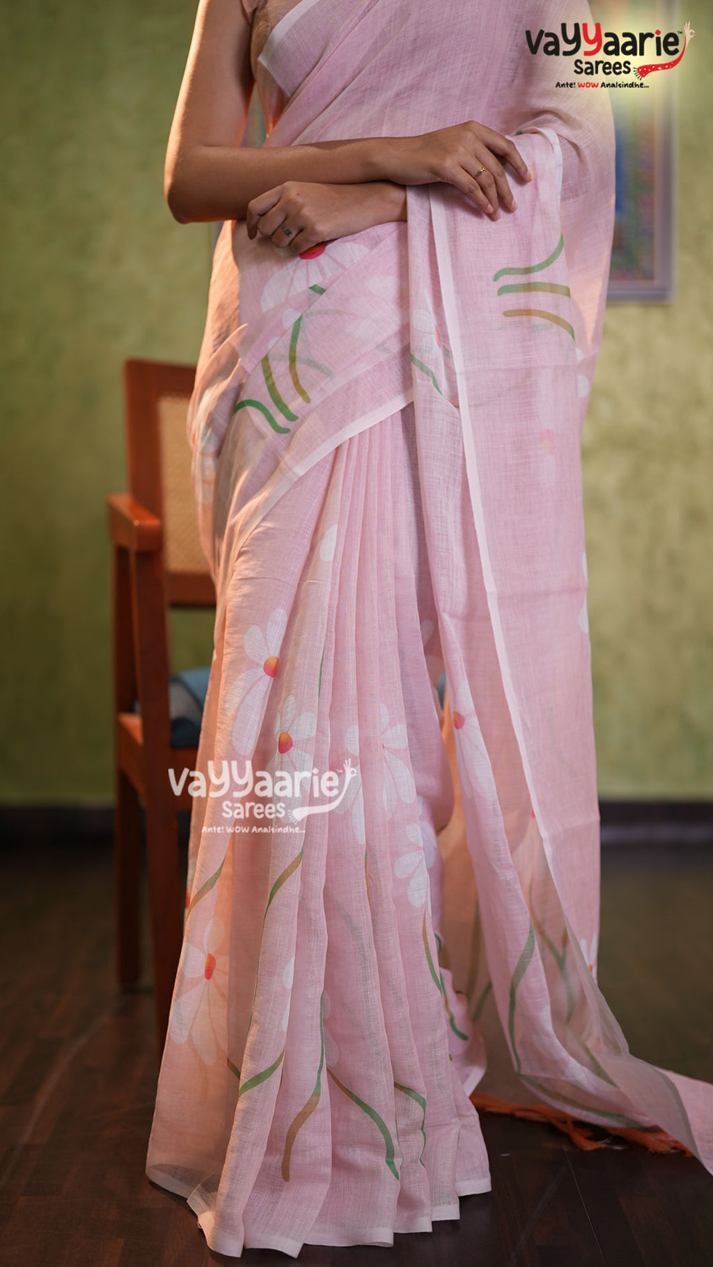 Pastel Pink Linen Saree with Floral Prints | Lightweight Elegant Linen Saree | Vayyaarie Sarees