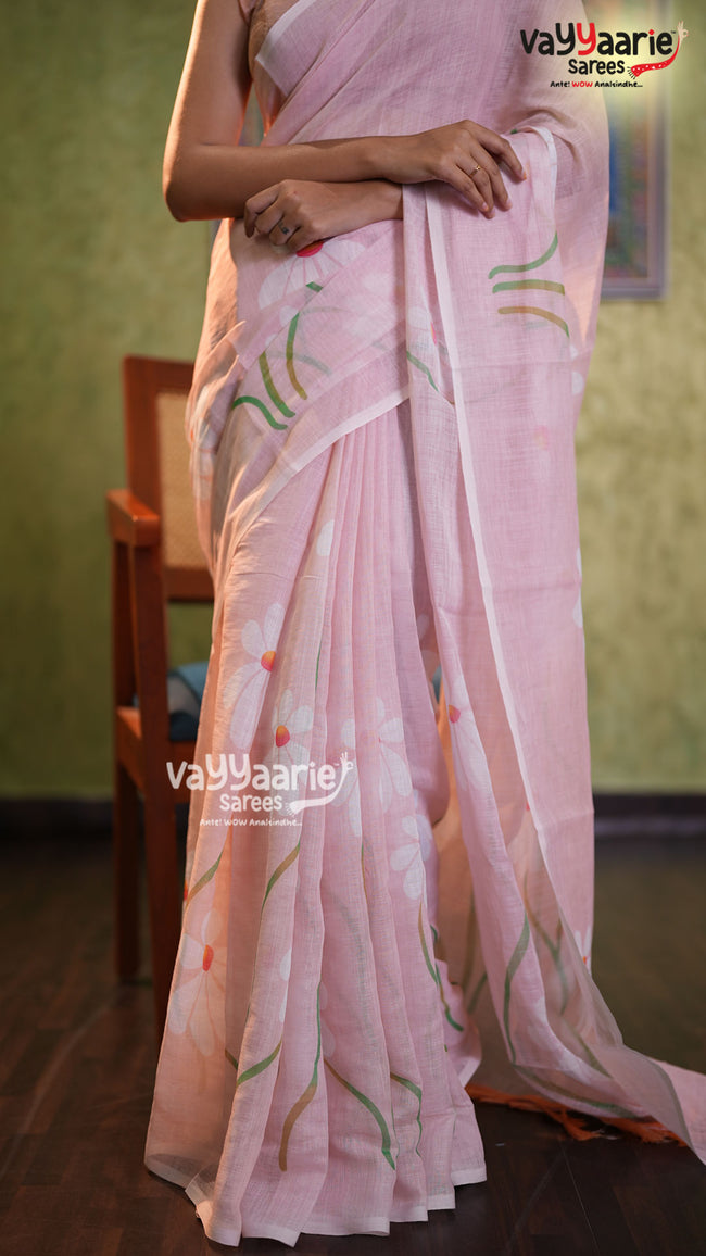 Pastel Pink Linen Saree with Floral Prints | Lightweight Elegant Linen Saree | Vayyaarie Sarees Main Image