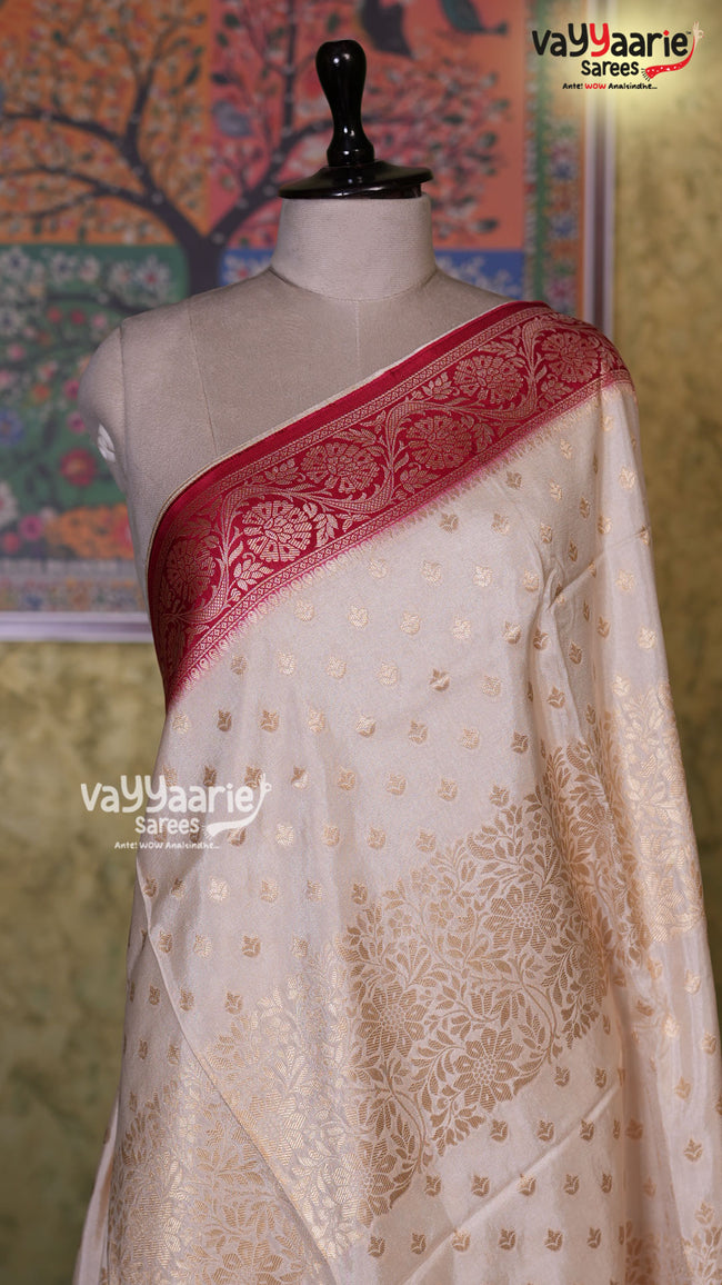 Cream Chanderi Silk Saree | Fancy Ethnic Wear Saree | Vayyaarie Sarees Main Image