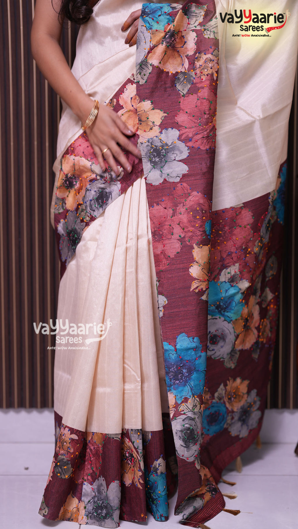 Biscuit Tusser Saree | Fancy Ethnic Wear Saree | Vayyaarie Sarees