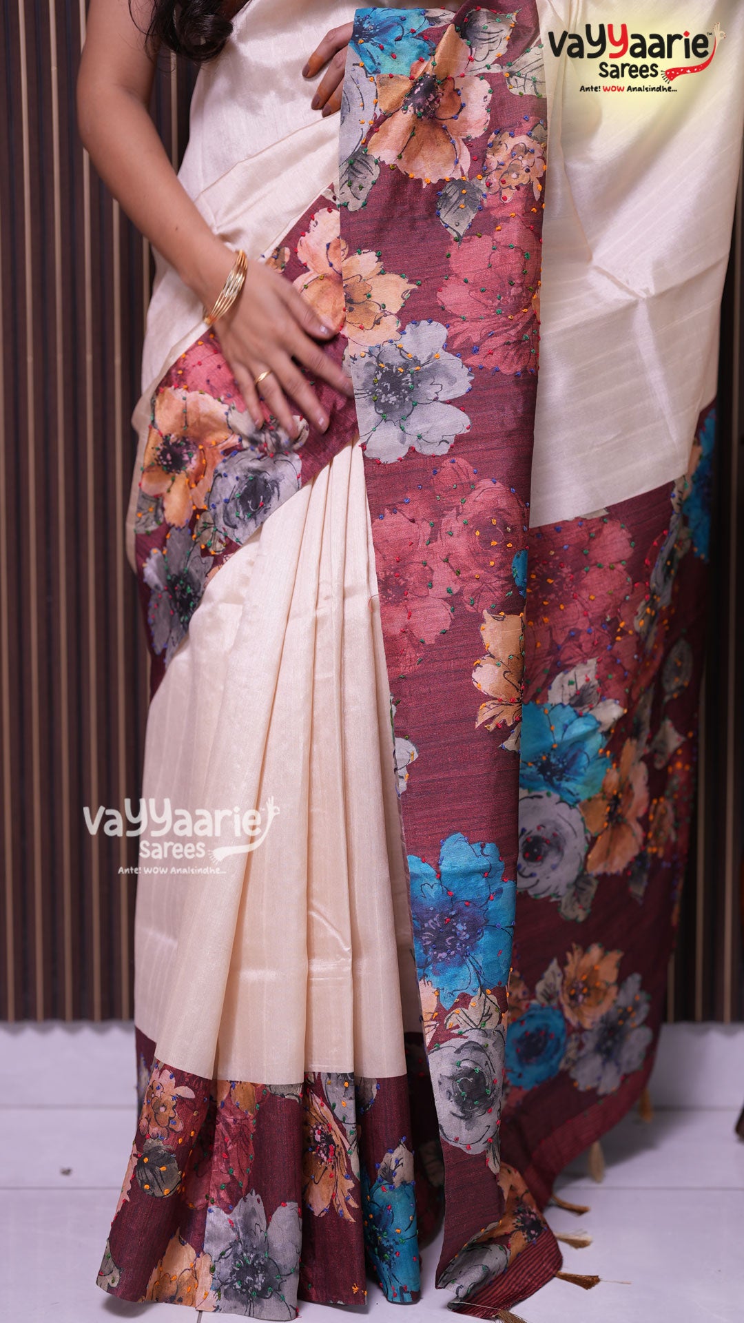 Biscuit Tusser Saree | Fancy Ethnic Wear Saree | Vayyaarie Sarees