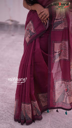 Brown Semi Linen Saree | Fancy Ethnic Wear Saree | Vayyaarie Sarees