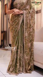 Mehendi Green Chiffon Saree | Fancy Ethnic Wear Saree | Vayyaarie Sarees