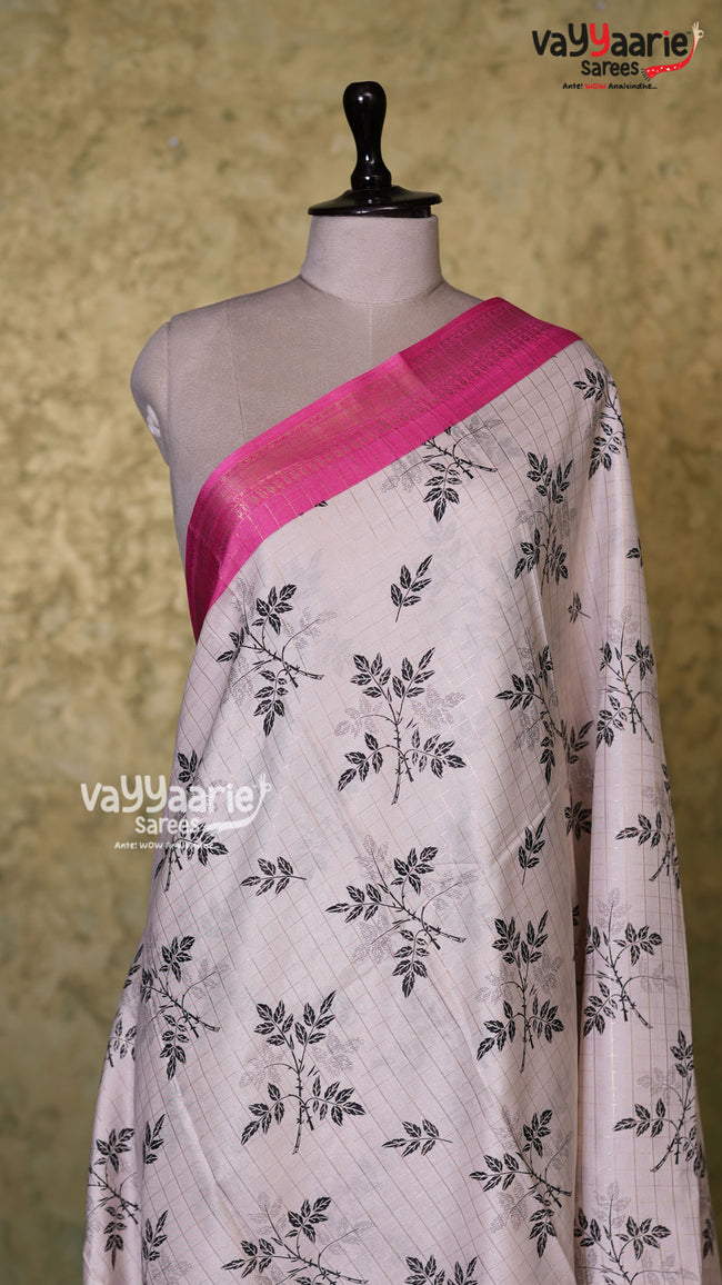 Cream Chanderi Silk Saree | Fancy Ethnic Wear Saree | Vayyaarie Sarees Main Image