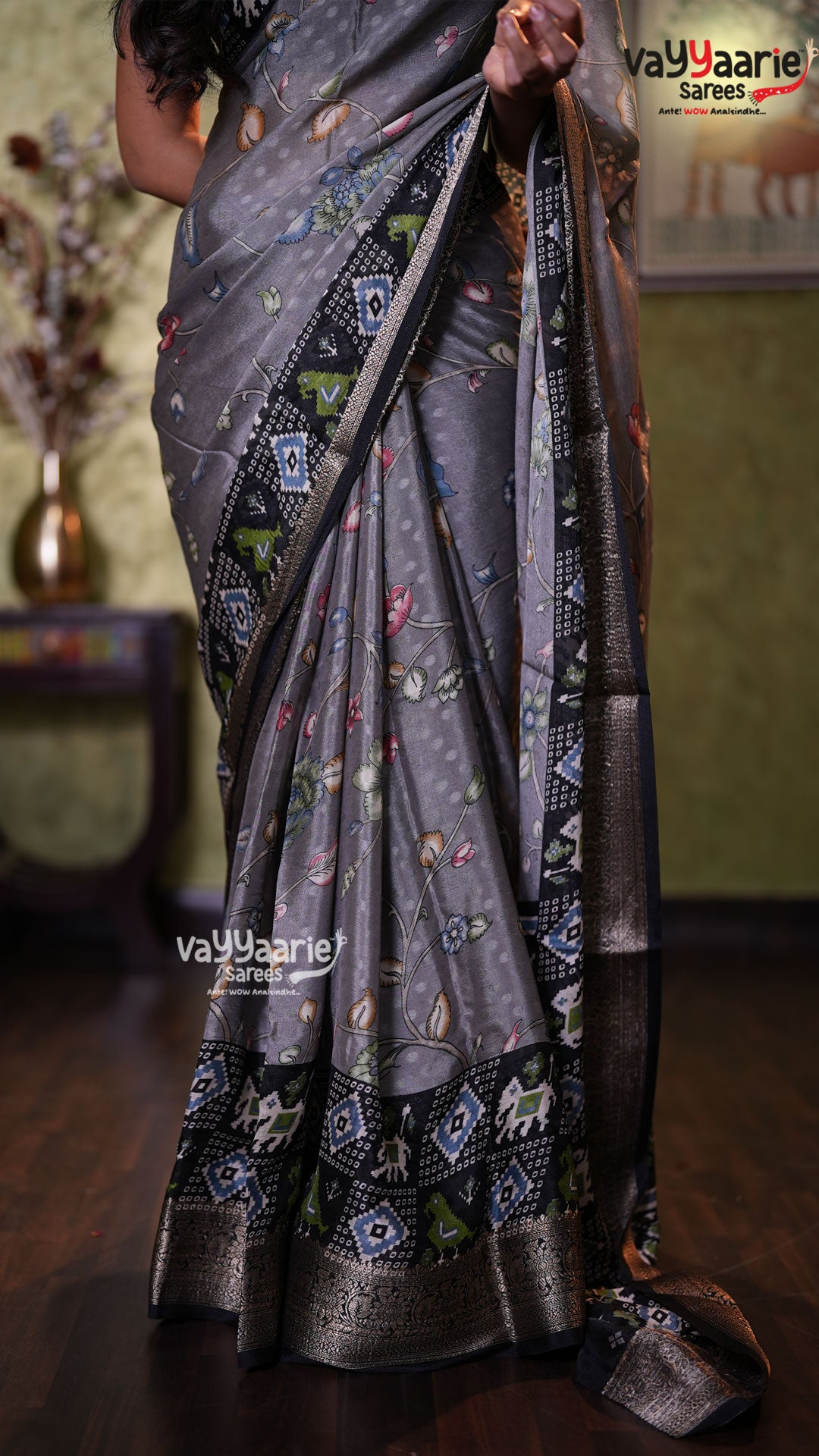 Grey Dola Silk Fancy Saree with Floral Prints & Designer Border | Party Wear Saree | Vayyaarie Sarees