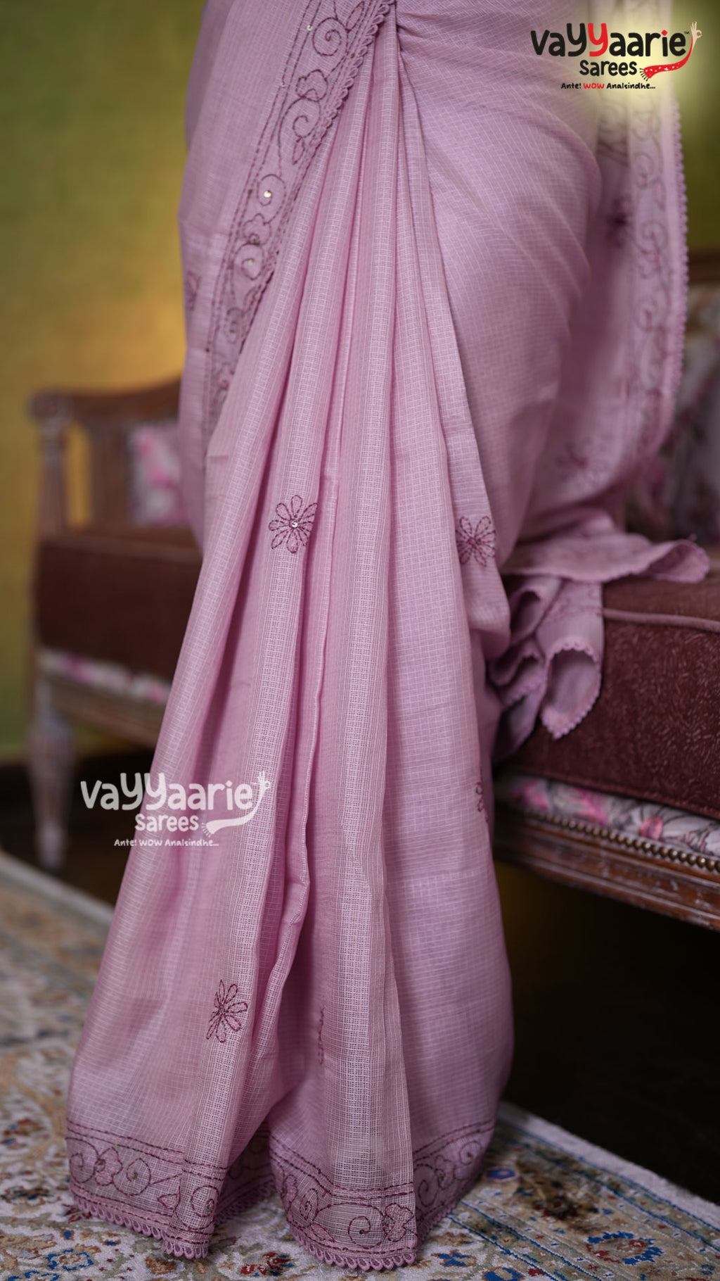 Pastel Pink Fancy Kota Saree with Embroidered Border | Lightweight Elegant Saree | Vayyaarie Sarees