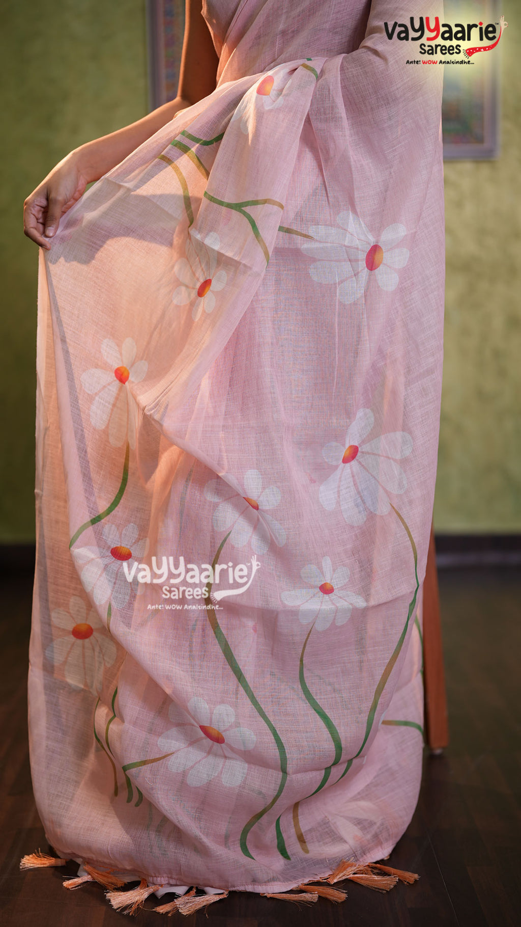 Pastel Pink Linen Saree with Floral Prints | Lightweight Elegant Linen Saree | Vayyaarie Sarees