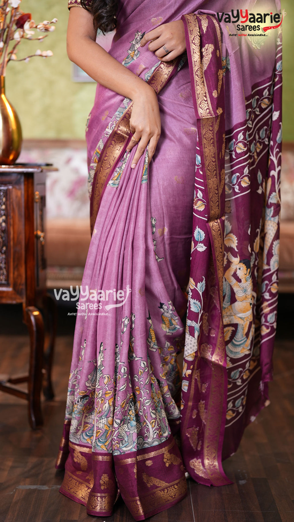 Purple Dola Silk Saree with Kalamkari Art Prints | Designer Ethnic Wear Saree | Vayyaarie Sarees