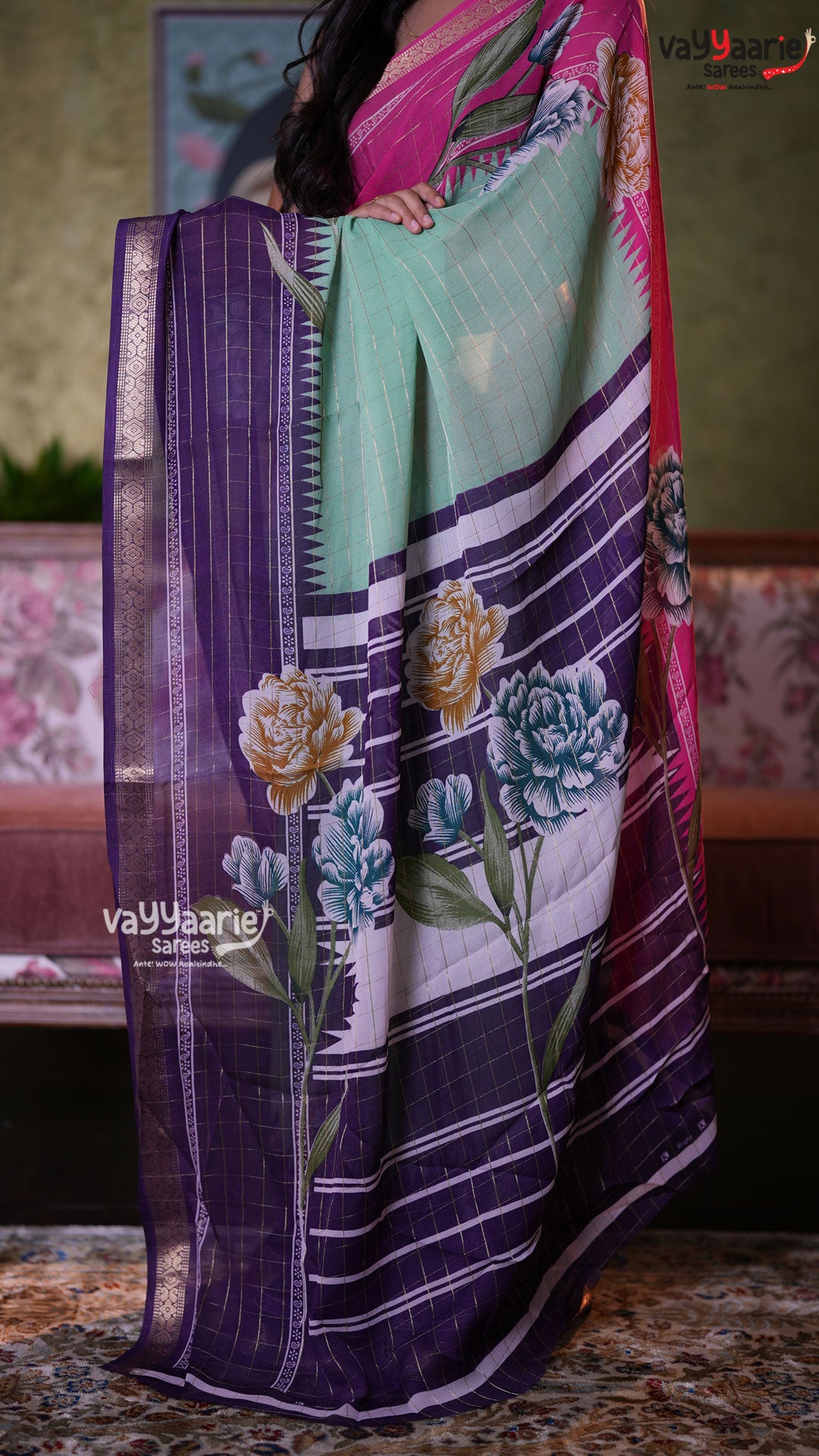 Mint Green Georgette Saree with Floral Prints | Lightweight Daily Wear Saree | Vayyaarie Sarees