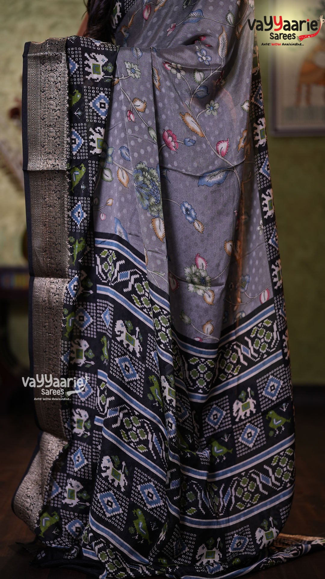 Grey Dola Silk Fancy Saree with Floral Prints & Designer Border | Party Wear Saree | Vayyaarie Sarees