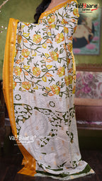 White & Mustard Yellow Dola Silk Fancy Saree with Floral Prints | Designer Party Wear Saree | Vayyaarie Sarees