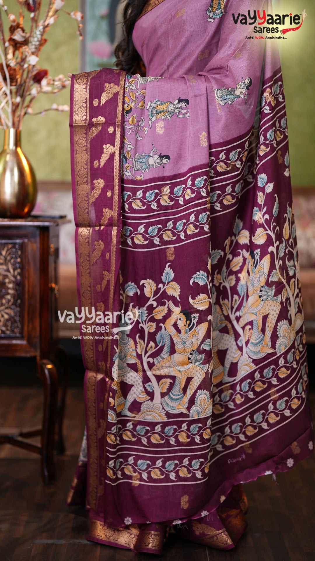 Purple Dola Silk Saree with Kalamkari Art Prints | Designer Ethnic Wear Saree | Vayyaarie Sarees