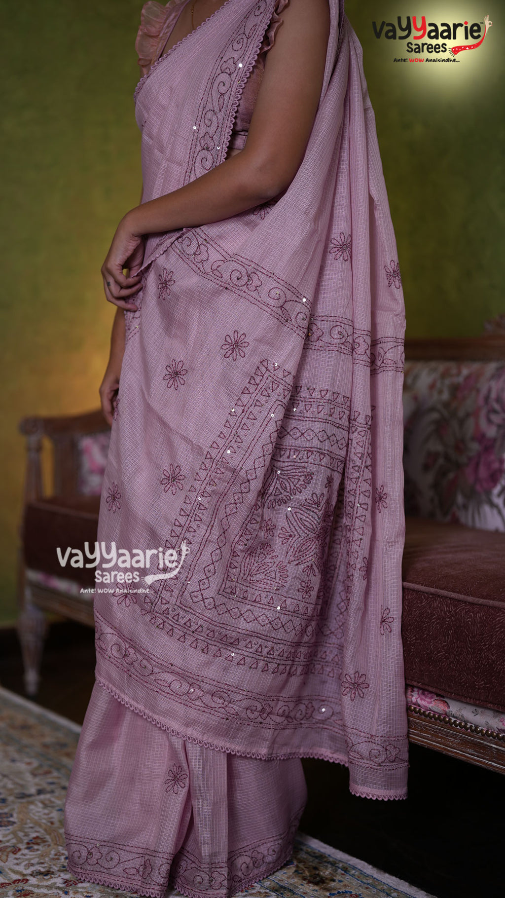 Pastel Pink Fancy Kota Saree with Embroidered Border | Lightweight Elegant Saree | Vayyaarie Sarees