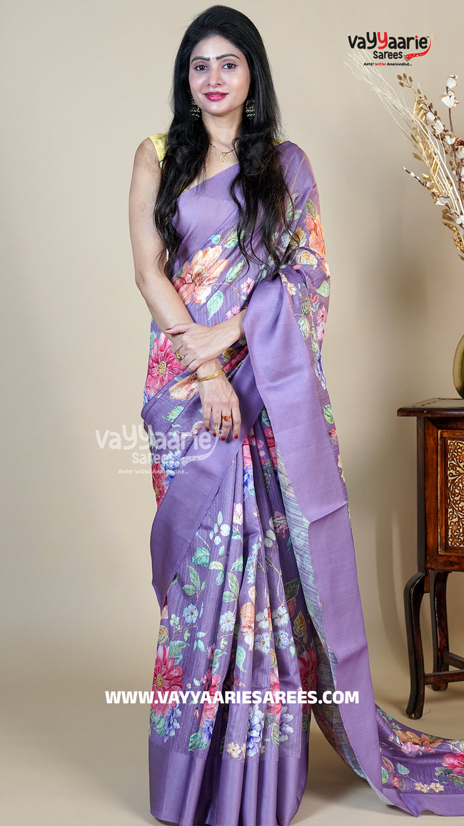 Lavender Tussar Silk Saree with Floral Prints | Elegant Designer Tussar Saree | Vayyaarie Sarees Hover Image
