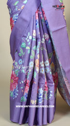 Lavender Tussar Silk Saree with Floral Prints | Elegant Designer Tussar Saree | Vayyaarie Sarees