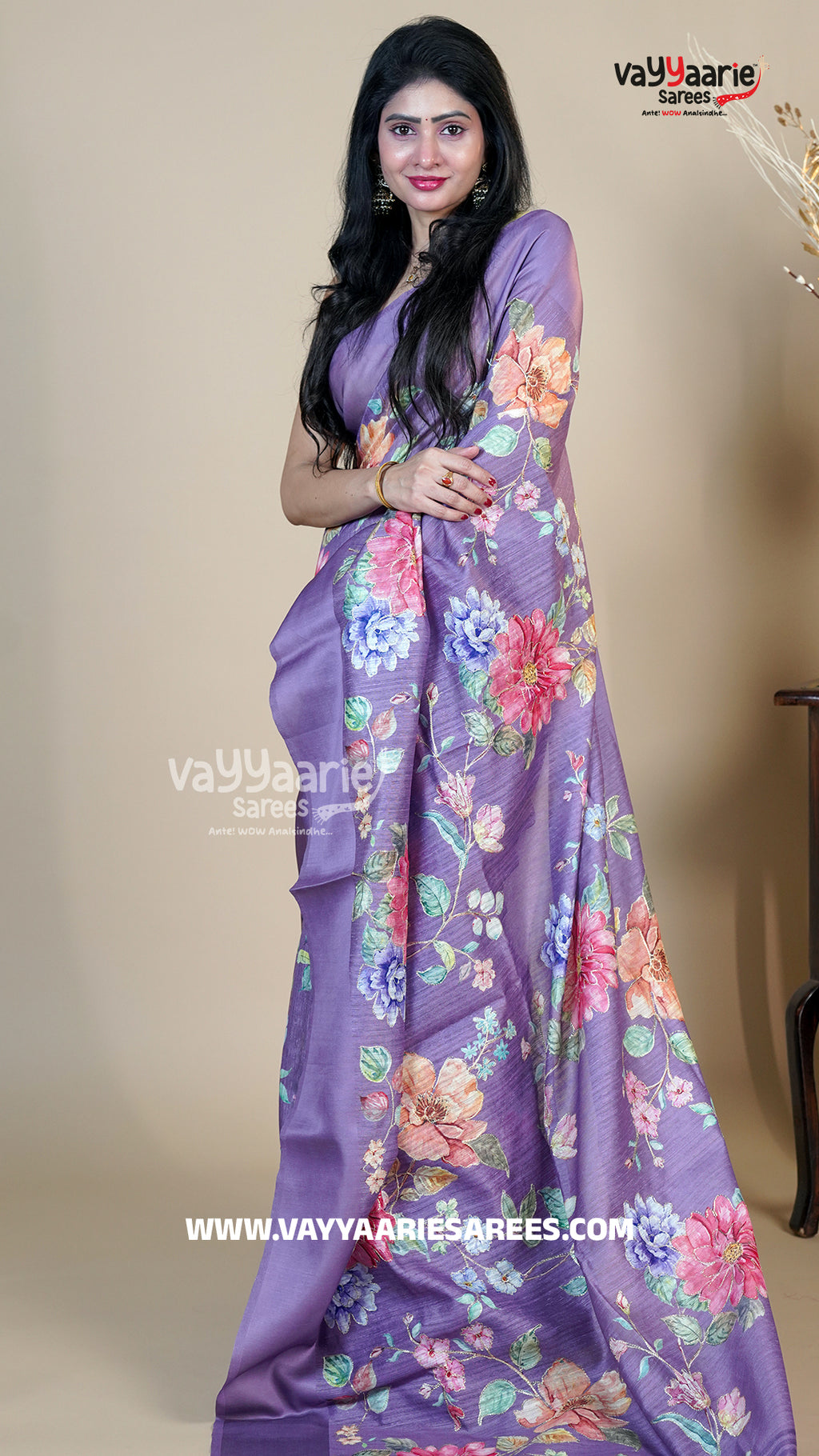 Lavender Tussar Silk Saree with Floral Prints | Elegant Designer Tussar Saree | Vayyaarie Sarees
