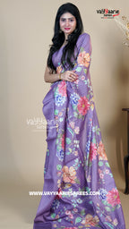 Lavender Tussar Silk Saree with Floral Prints | Elegant Designer Tussar Saree | Vayyaarie Sarees